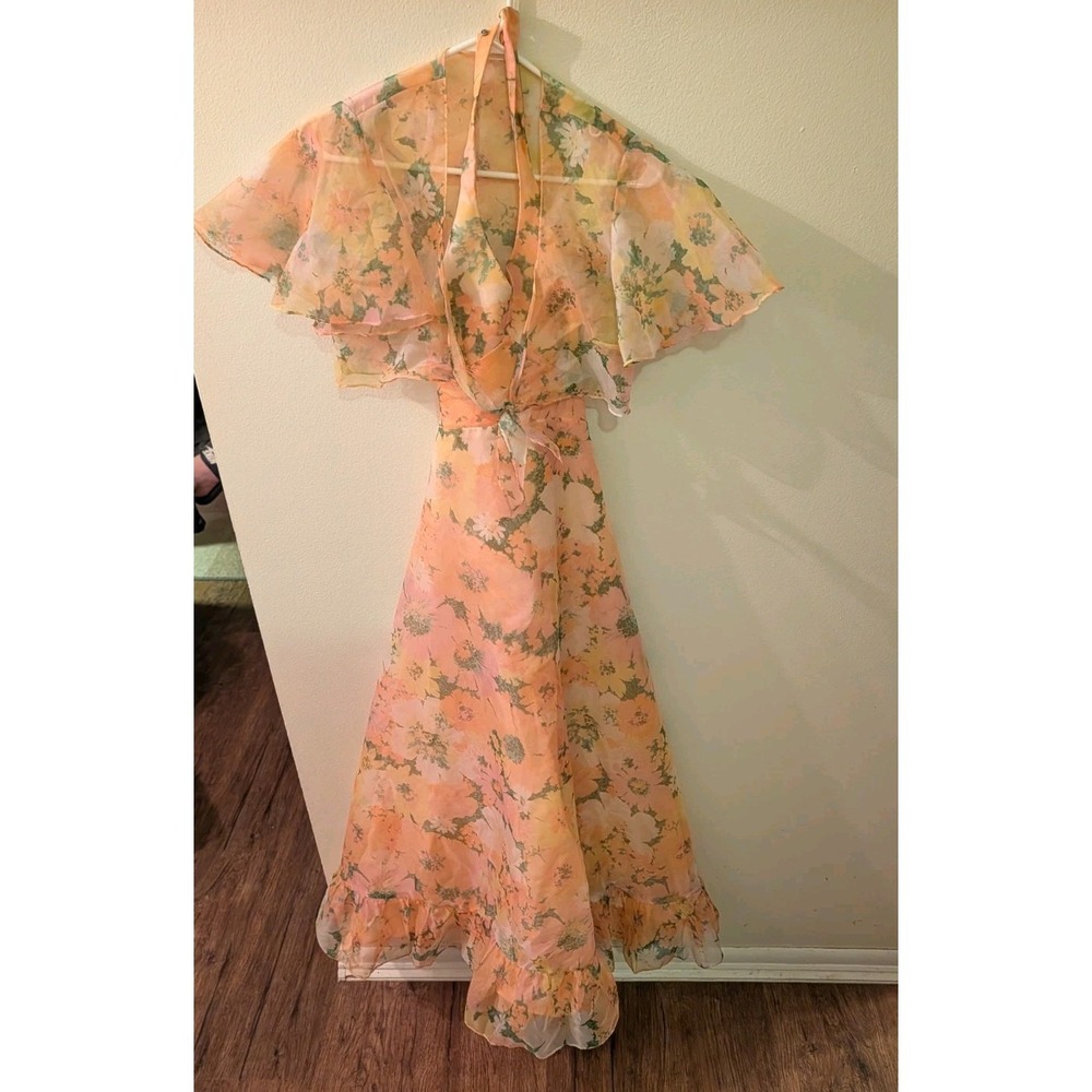 Vintage 1960's Floral Chiffon Halter Maxi Dress W Cape Sz 7 Union Made.Cottage